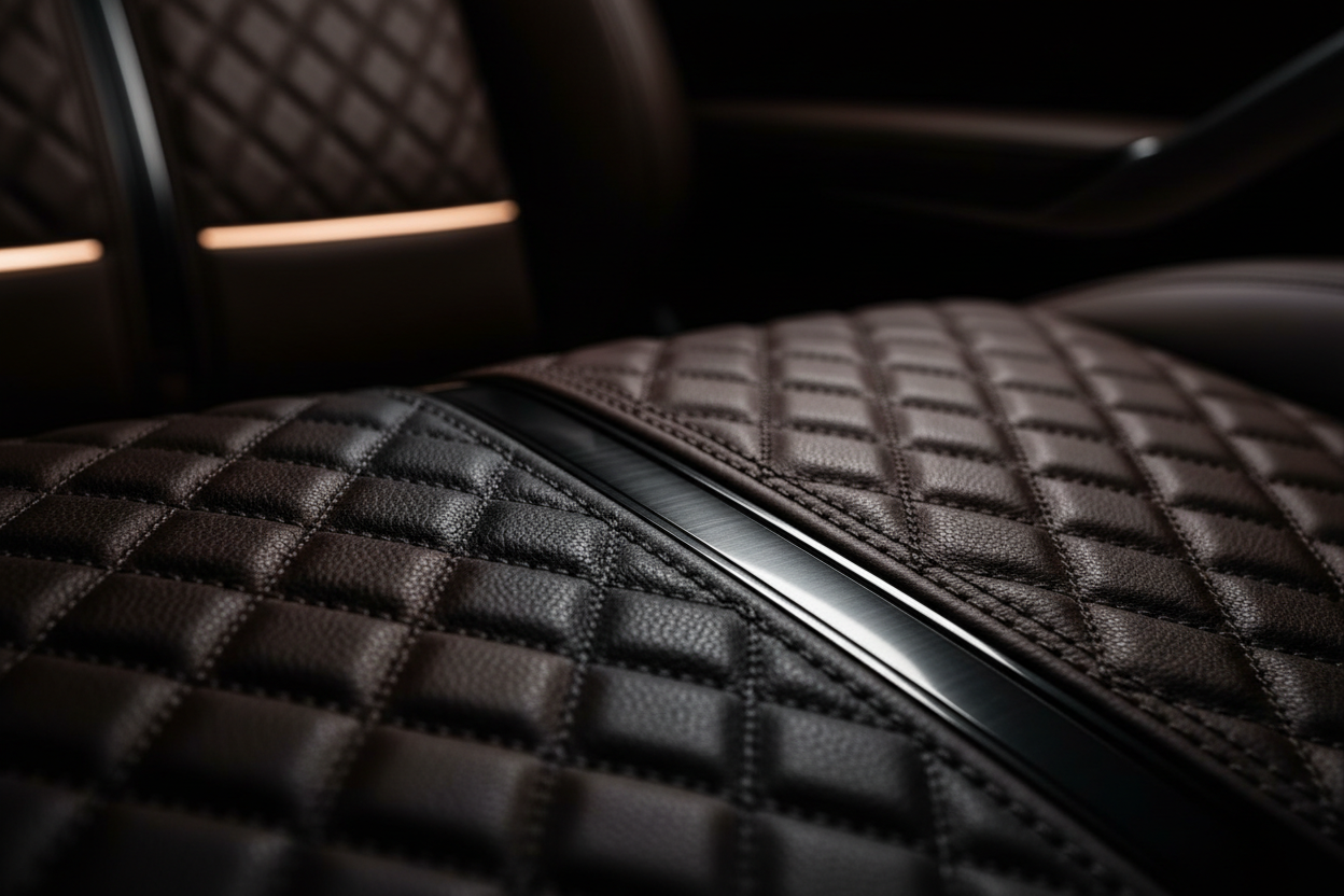 Hochwertiges Headerbild für „Umbach Custom Interiors“: Nahaufnahme eines luxuriösen, handgefertigten lederbezogenen Fahrzeuginnenraums. Fokus auf feine Nähte, Struktur des Leders und präzise Verarbeitung. Stil: modern, edel, dunkel gehalten, mit leichter Studio-Beleuchtung. Stimmung: Premium-Handwerk, Automotive-Exzellenz.